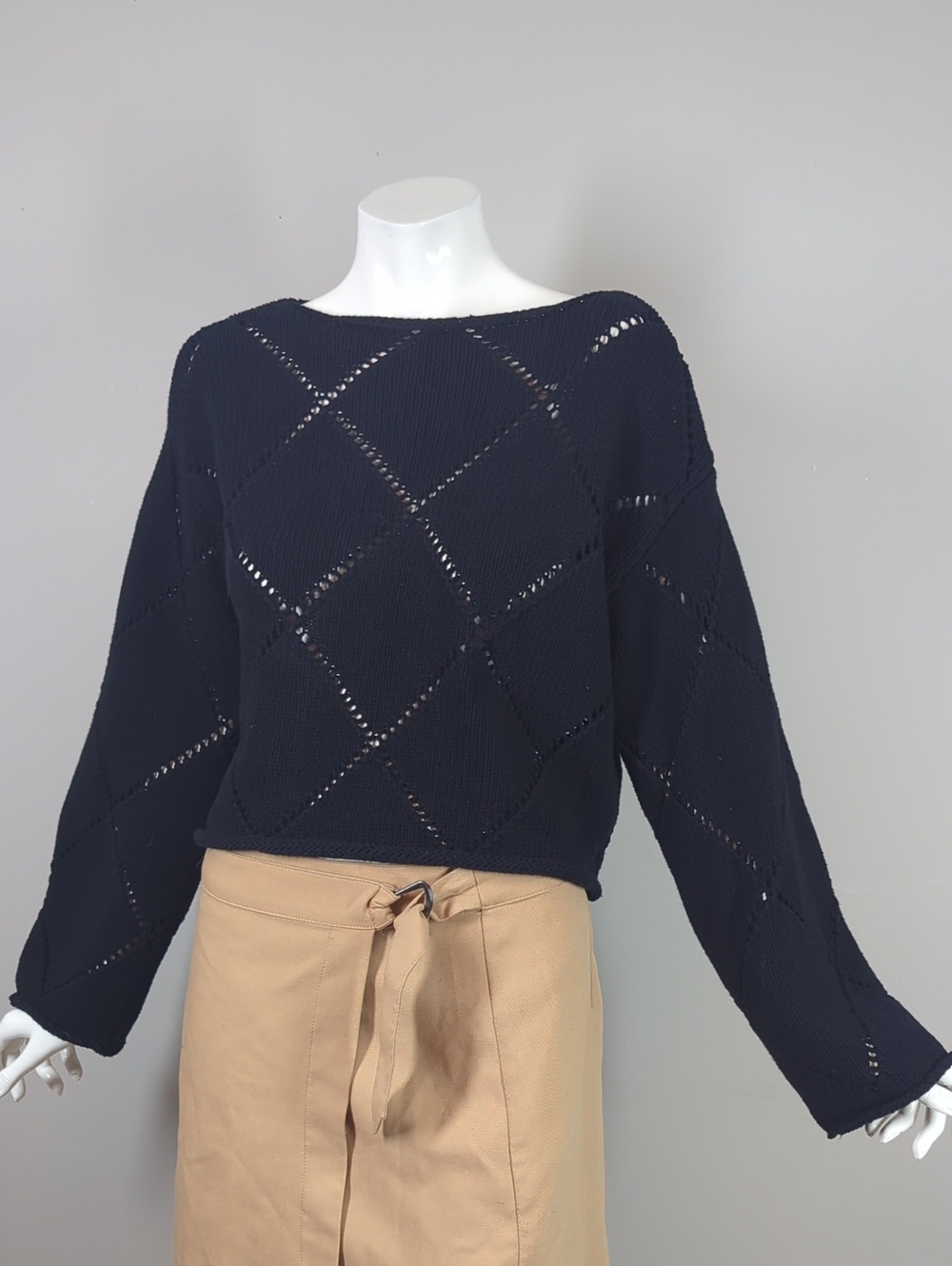 Women's Black Openwork Diamond Knit Sweater Fall Oversized